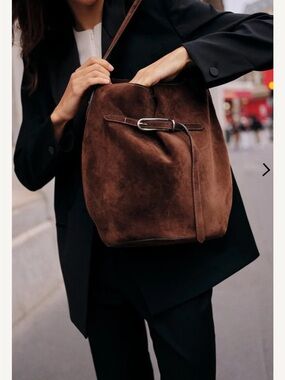 Liffner dark suede chocolate brown Bucket Bag with Buckle Detail